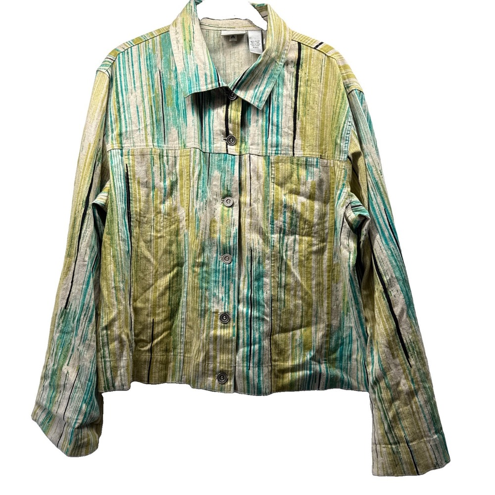Chicos Women's Top Size L Linen Blend Green Blue Long Sleeve Button Up Pockets